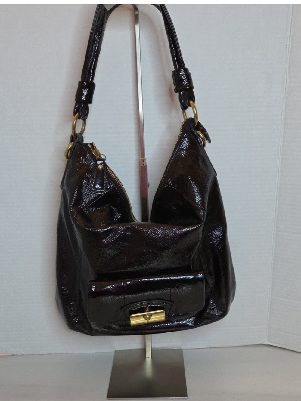 Coach Kirsten Black Fracked Patent Leather Hobo Bag